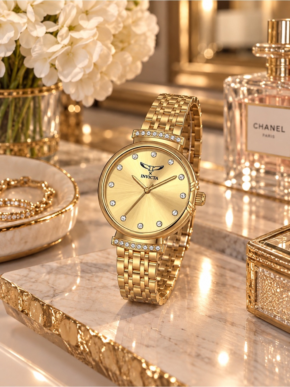 Invicta Angel 69953 Women’s Gold Crystal Watch 34mm NWT + Box